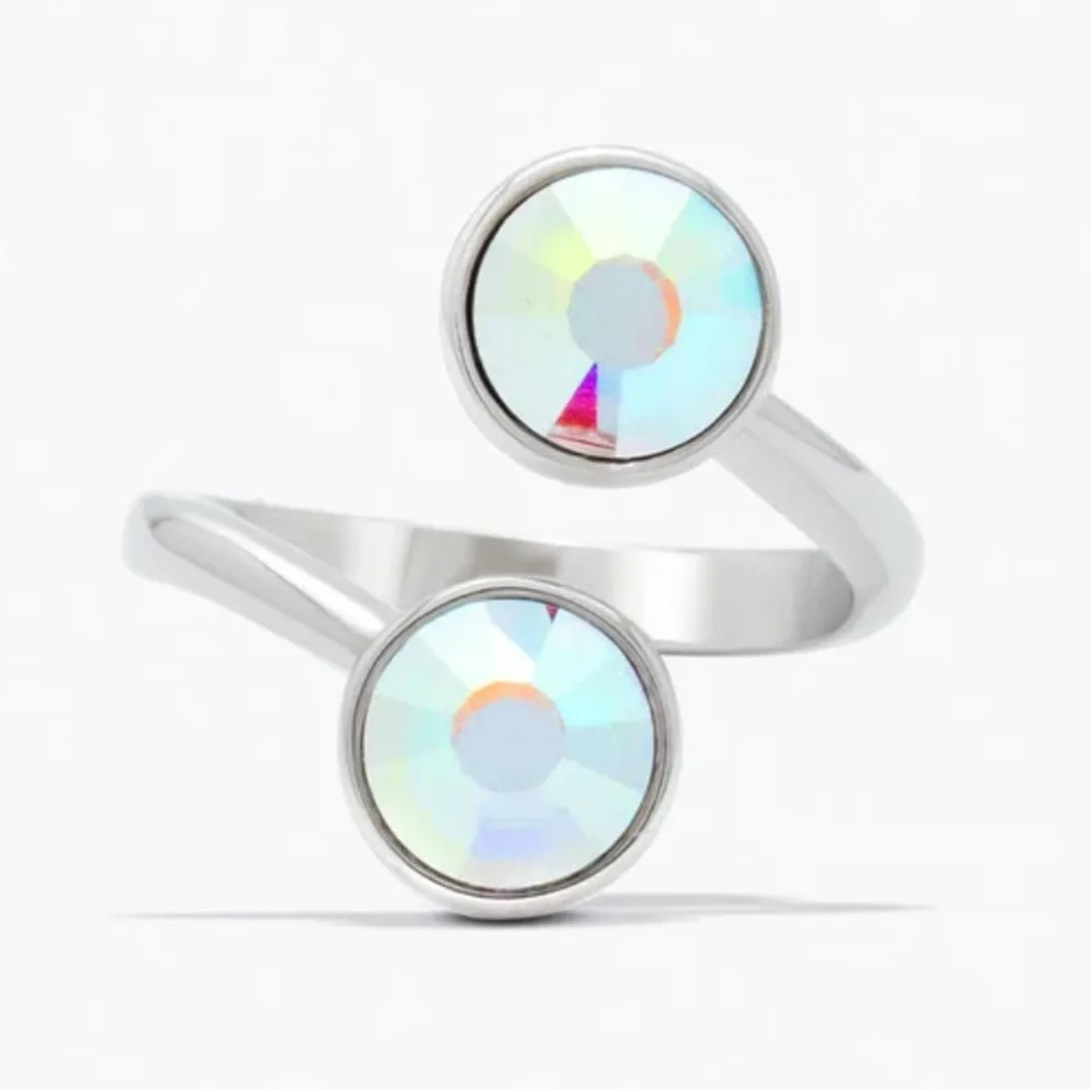 Curled up ring with two Swarovski crystals in Aurore Boreale fits size 6-7 BNIB